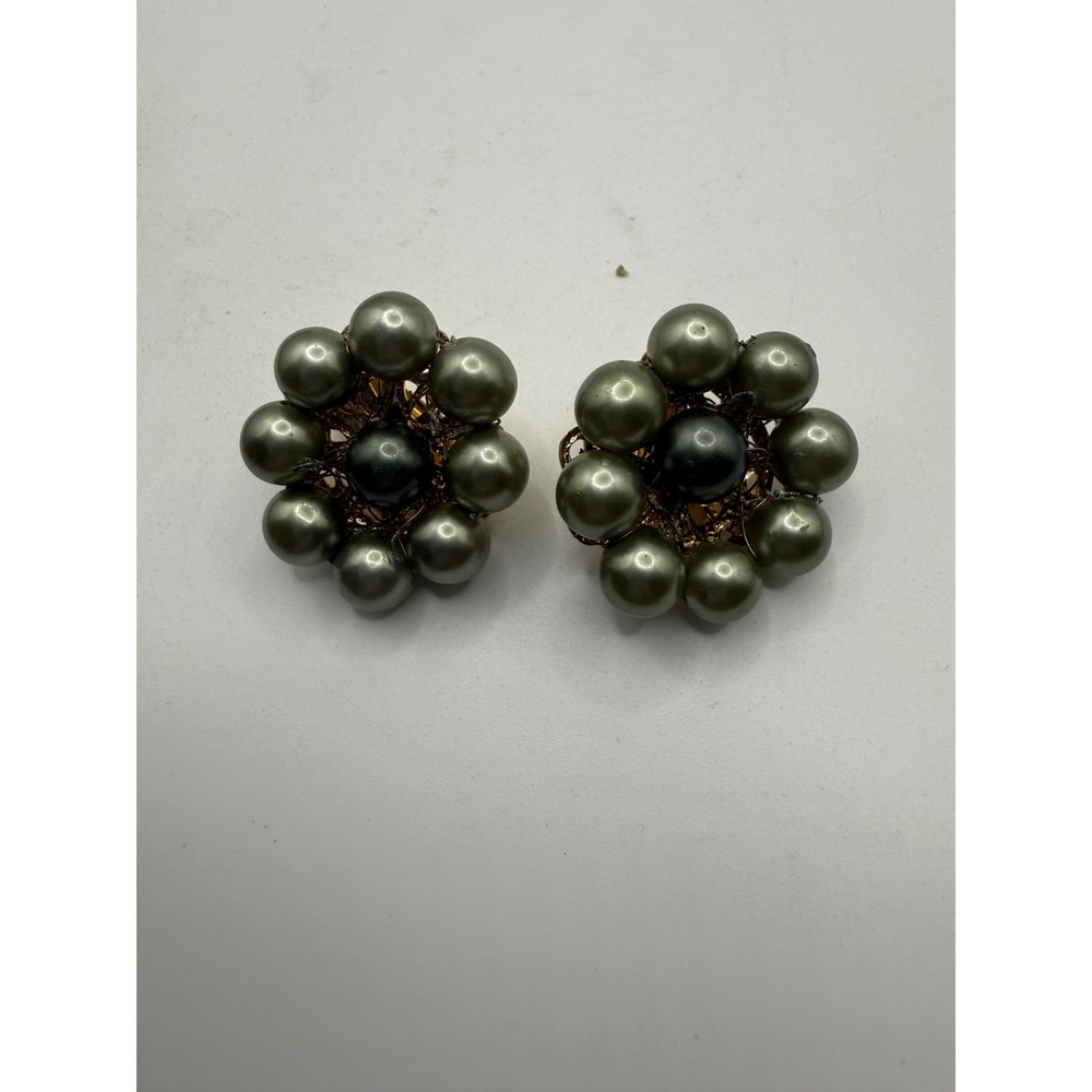 Vintage Grey Faux Pearl Cluster Clip On Earrings Gold Tone Floral Filigree 1"